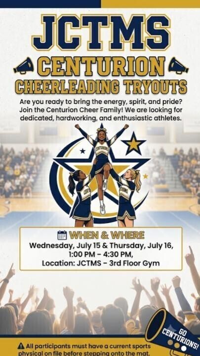 Cheer Team: July 15 and 16 1-4:30 @JCTMS 3rd floor gym.