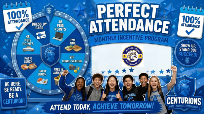 Good Morning, Centurion Families!  Student attendance is a crucial part of academic success, and we are excited to encourage and celebrate excellent attendance throughout the school year!  Beginning Monday, August 10, 2026, we will launch our Perfect Attendance Monthly Incentive Program. At the end of each month, we will hold a prize drawing for students in 6th, 7th, and 8th grades. The prize wheel will be spun three times—once for each grade level.  Students who have perfect attendance with no tardies during the month will be entered into the drawing. If their name is selected, they will be able to choose one of the following rewards:  Dress Down Pass 48 PBIS Points to use in the PBIS Store or for other PBIS activities Gym Time Patio Lunch VIP Lunch Seating One Free ID and Lanyard Replacement We appreciate your continued partnership in supporting your student's success. Thank you for entrusting us with your child, we look forward to celebrating our students' commitment to being at school and on time every day!  Go Centurions!  Kind Regards,   Andrea Cook Youth Service Center Coordinator Jefferson County Traditional Middle School  1418 Morton Ave, Louisville, KY 40204 502-485-8272 (School) 502.901.2086 (Direct) andrea.cook@jefferson.kyschools.us