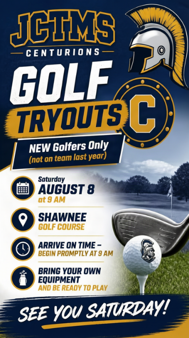 Golf tryouts for NEW golfers (not on the team last year) will be held Saturday, Aug. 8 at Shawnee Golf Course at 9 a.m.  Please arrive on time so we can begin promptly at 9 a.m.  Be ready with your own equipment and prepared to play.  See you Saturday!