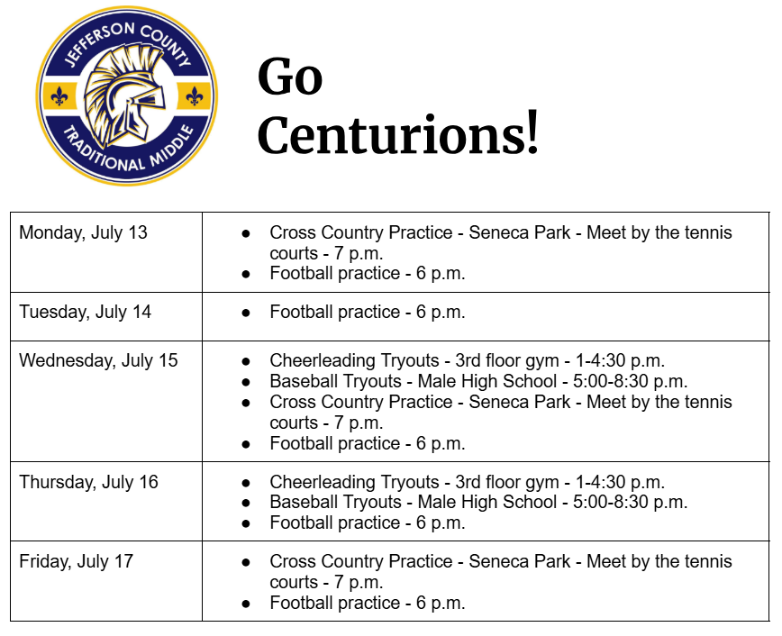 Monday, July 13 Cross Country Practice - Seneca Park - Meet by the tennis courts - 7 p.m. Football practice - 6 p.m. Tuesday, July 14 Football practice - 6 p.m. Wednesday, July 15 Cheerleading Tryouts - 3rd floor gym - 1-4:30 p.m. Baseball Tryouts - Male High School - 5:00-8:30 p.m. Cross Country Practice - Seneca Park - Meet by the tennis courts - 7 p.m. Football practice - 6 p.m. Thursday, July 16 Cheerleading Tryouts - 3rd floor gym - 1-4:30 p.m. Baseball Tryouts - Male High School - 5:00-8:30 p.m. Football practice - 6 p.m. Friday, July 17 Cross Country Practice - Seneca Park - Meet by the tennis courts - 7 p.m. Football practice - 6 p.m.