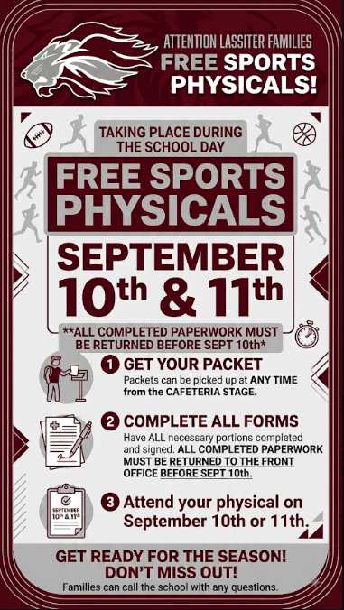 FREE SPORTS PHYSICALS at Lassiter 9/10 and 9/11