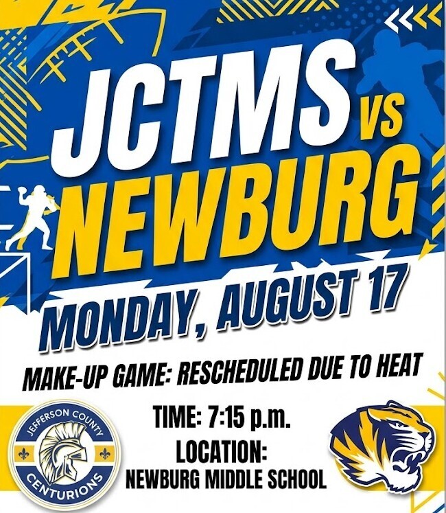 JCTMS will play Newburg on Monday, August 17 at 7:15 p.m. at Newburg Middle School. This is a make up from Saturday's game, which was postponed due to the heat index.
