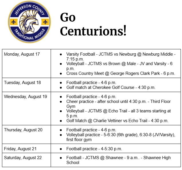 Here is this week's calendar - note: the makeup football game from last Saturday is Monday night. Week of August 17