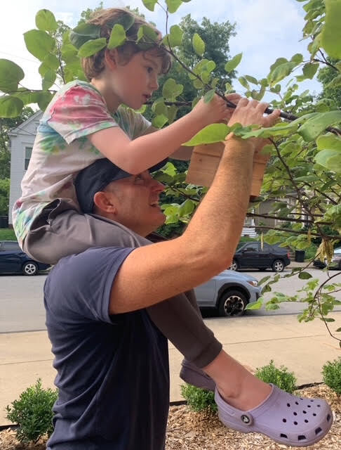 A student and adult hang a bird feeder in a tree.