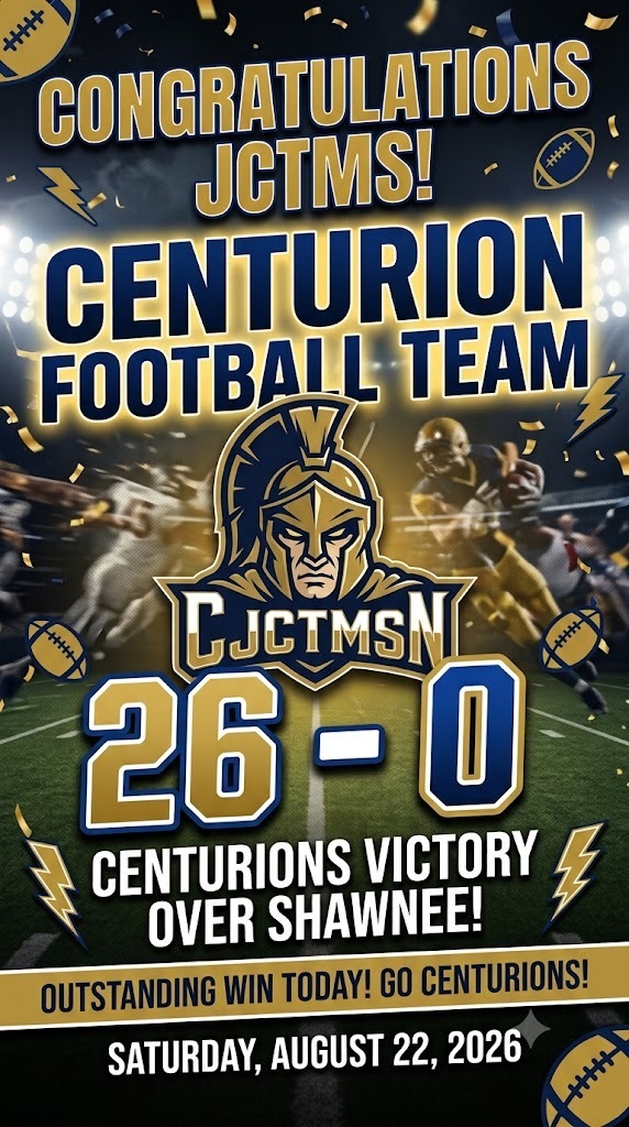 DOMINANT DEFENSE! 🏈💥 Huge congratulations to the JCTMS Centurion Football Team on a massive 26-0 shutout against Shawnee! Incredible team effort on both sides of the ball. Way to defend the turf, Centurions! 🛡️⚡ #CenturionPride #JCTMS #GameDayWin