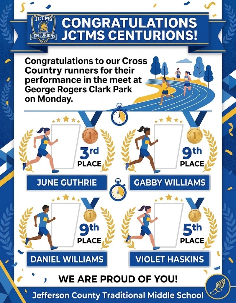 Congratulations to our Cross Country runners for their performance in the meet at George Rogers Clark Park on Monday. June Guthrie finished in 3rd place Gabby Williams finished in 9th place Daniel Williams finished in 9th place Violet Haskins finished in 5th place