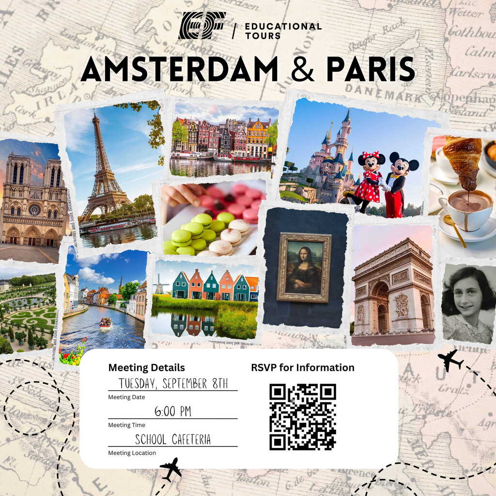 EF Educational Tours Amsterdam and Paris on top of the image. The background is a map of the world with mini airplanes. On top of the map are images from Amsterdam and Paris that students will get to see if they go on this trip.