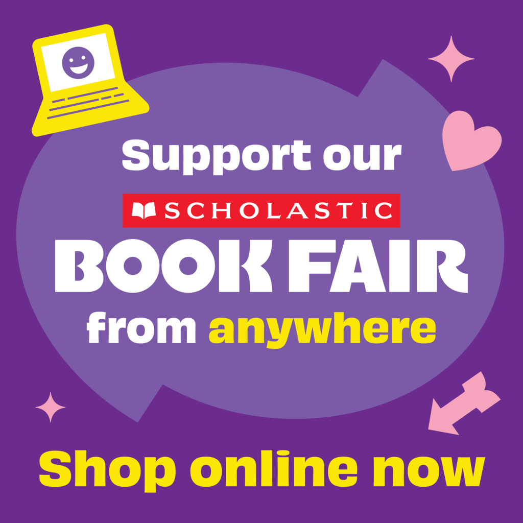 Purple background white words Support our Red Scholastic logo White words Book Fair from yellow words anywhere shop online now