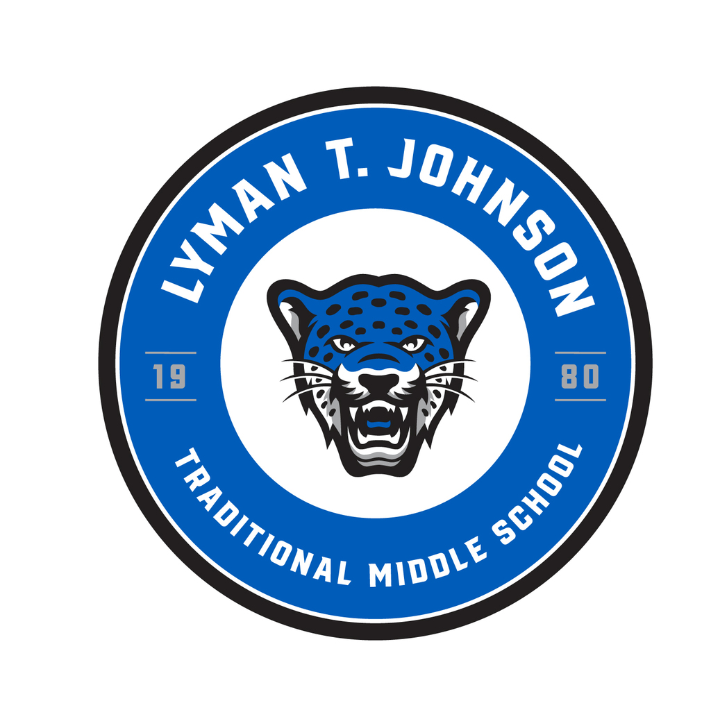 Blue circular image with the words Lyman T. Johnson on the top part curving down. Traditional Middle School is on the bottom of the circle curving upwards. In between the top and bottom words is the date 1980. In the center of the circle with a white back ground is the blue, gray and black Jaguar head.