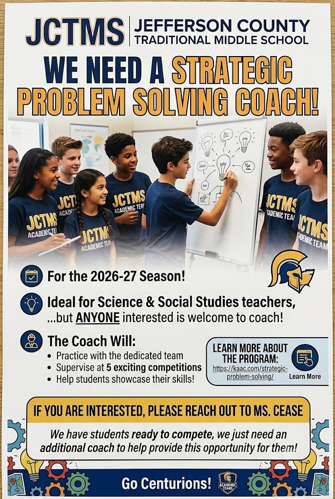 The Academic Team needs a Strategic Problem Solving Coach for the 2026-27 season.  Science and Social Studies teachers are natural fit for Strategic Problem Solving, but anyone interested is welcome!  The coach will practice with the team and supervise the 5 competitions they will showcase their skills.  Here is the link to learn more about the program: https://kaac.com/strategic-problem-solving/   If you are interested, please reach out to Ms. Cease.  We have students ready to compete, we just need an additional coach to help provide this opportunity for them.