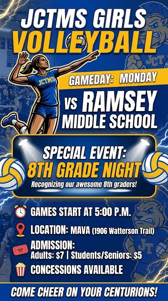 volleyball Monday vs Ramsey Middle School. 8th grade night - Recognizing our awesome 8th graders! Games will start at 5 p.m. and will be played at MAVA, 1906 Watterson Trail. Admission is $7 for adults and $5 for students/seniors Concessions will be available.