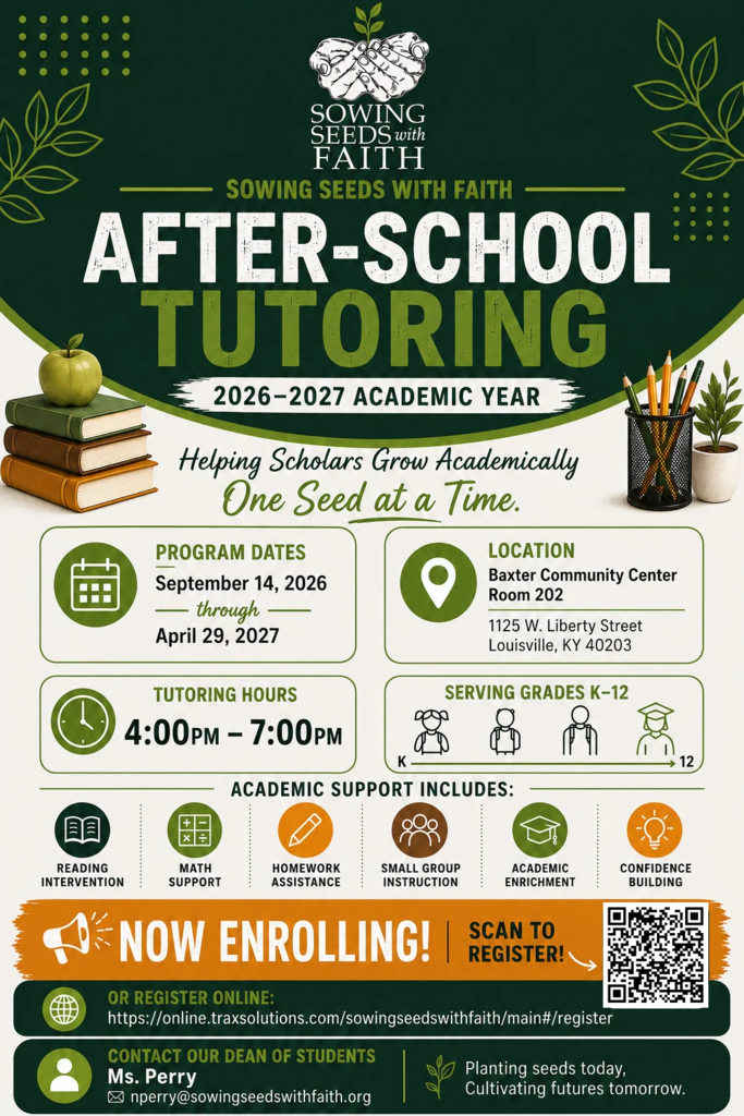 Help your scholar thrive! Sowing Seeds with Faith provides tailored academic support designed to build confidence, strengthen core subject skills, and spark a passion for learning. Please see the attached flyer for full program details and enrollment steps.