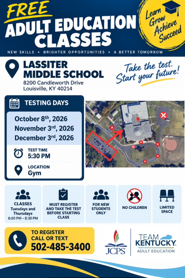 Lassiter Adult Ed Testing Days, 10/8, 11/3, 12/3 at 5:30