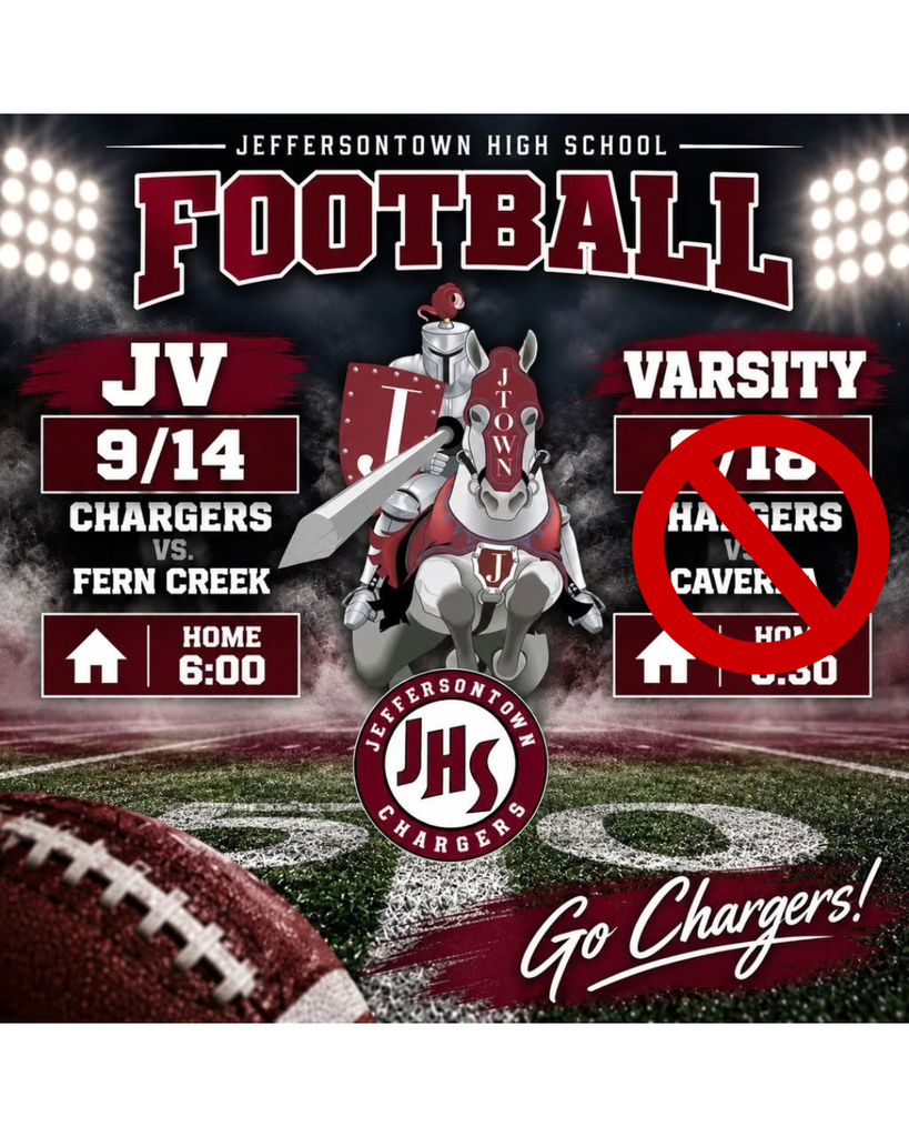 The home football game scheduled for tomorrow night has been cancelled due to a forfeit by Caverna High School Our next football game is scheduled for September 25th at Fairdale High School.
