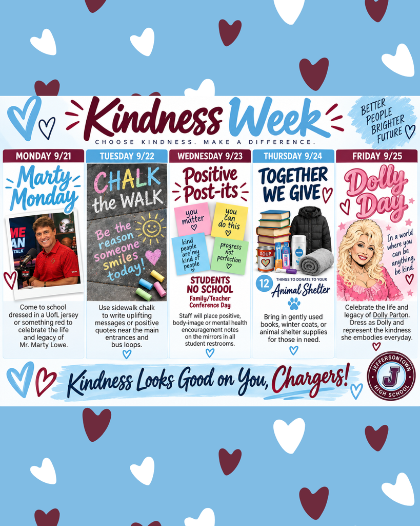 🌟 Kindness Week is coming to JTown! 🩵🤍 From celebrating the legacy of Marty Lowe and spreading positive messages to giving back to our community and celebrating the life and kindness of Dolly Parton, we’re filling next week with opportunities to choose kindness! 💕✨ 📅 Sept. 21–25 👟 Marty Monday 🌈 Chalk the Walk 💌 Positive Post-Its 📚 Together We Give 👢 Dolly Day Let’s make kindness contagious, Chargers! ⚡🩵🤍