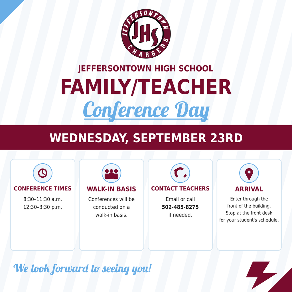 📣 FAMILY/TEACHER CONFERENCE DAY IS TOMORROW 📣 Wednesday, September 23rd! 🕣 8:30–11:30 a.m. 🕧 12:30–3:30 p.m. Conferences will be held on a walk-in basis. Families may also contact teachers by email or by phone at 502-485-8275. 📍 Please enter through the front of the building and stop at the front desk to receive a copy of your student’s schedule. We look forward to seeing our Charger families! ⚡️