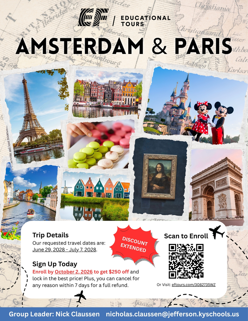EF Educational Tours Amsterdam and Paris on top of the image.  The background is a map of the world with mini airplanes.  On top of the map are images from Amsterdam and Paris that students will get to see if they go on this trip.