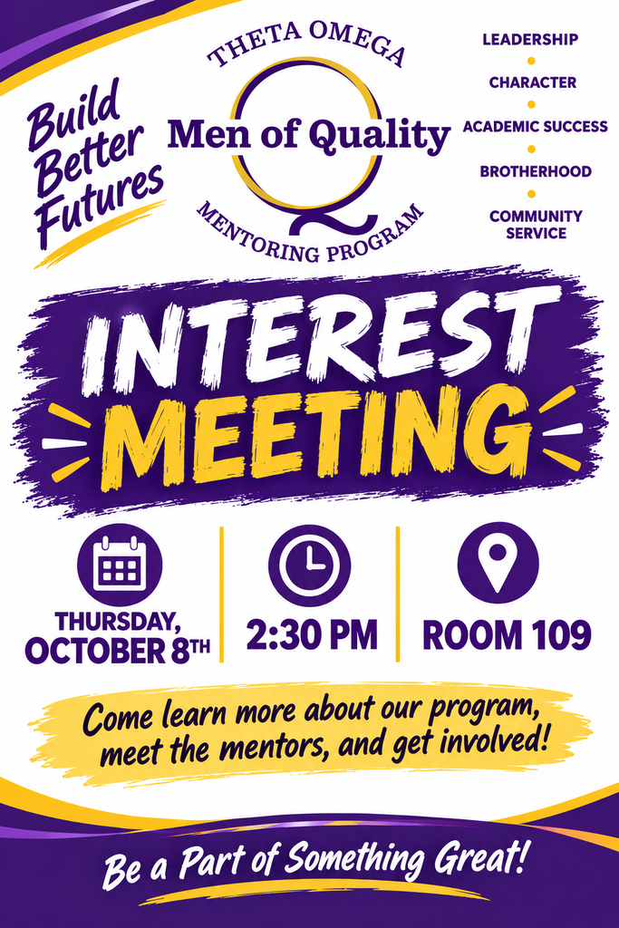 Good afternoon, Centurion Parents! If you have a student who is interested in joining the Men of Quality Mentoring Group, please review the attached flyer and encourage your student to attend the upcoming interest meeting. This is a great opportunity for students to learn more about the program, meet the mentors, and learn how they can get involved. We hope to see you there! Kind Regards, Andrea Cook Youth Service Center Coordinator Jefferson County Traditional Middle School 1418 Morton Ave, Louisville, KY 40204 502-485-8272 (School) 502.901.2086 (Direct) andrea.cook@jefferson.kyschools.us #thecenturionway Referral Form https://forms.gle/ePvMGPnoanLMGESf7
