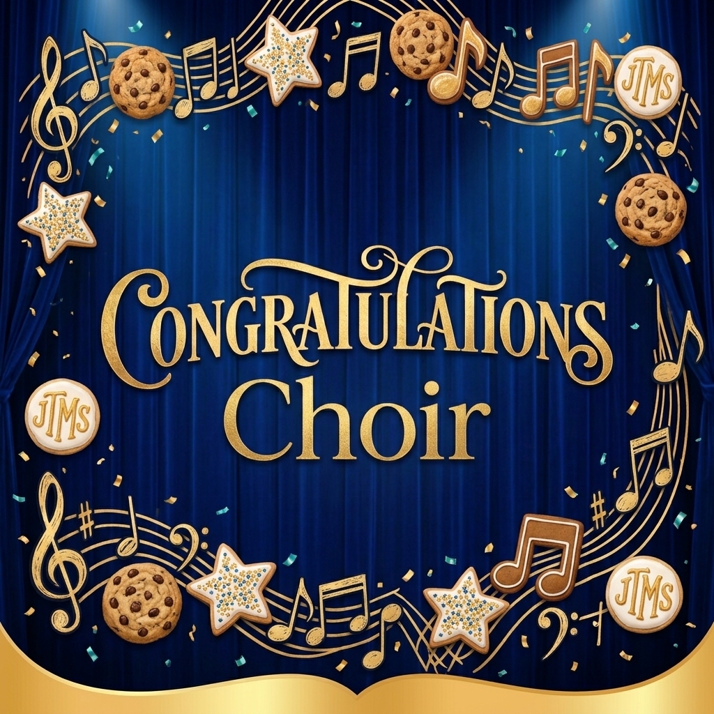 A square image featuring a dark blue stage curtain background with scattered gold confetti. In the center, the words "Congratulations Choir" are written in large, decorative, gold script text, with "Congratulations" on the top line and "Choir" below it. A decorative border of gold musical notes and staves circles the text. Within this border are various cookies: round chocolate chip cookies, star-shaped cookies with blue and gold sprinkles, and circular cookies with the gold monogram "JTMS." The overall style is elegant and celebratory, with a gold ornamental arch at the bottom of the frame.