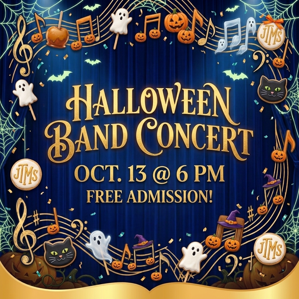 A square image featuring a dark blue stage curtain background framed by spiderwebs, gold musical staves, and festive Halloween elements. In the center, the text reads "HALLOWEEN BAND CONCERT" in large, elegant gold lettering, followed by "OCT. 13 @ 6 PM" and "FREE ADMISSION!" directly below in matching gold text. The decorative border is filled with musical notes, small jack-o'-lanterns, ghost lollipops, black cat cookies, candy apples, witch-hat-topped notes, and circular cookies featuring the gold monogram "JTMS". Gold confetti and glowing lights illuminate the celebratory, spooky design.
