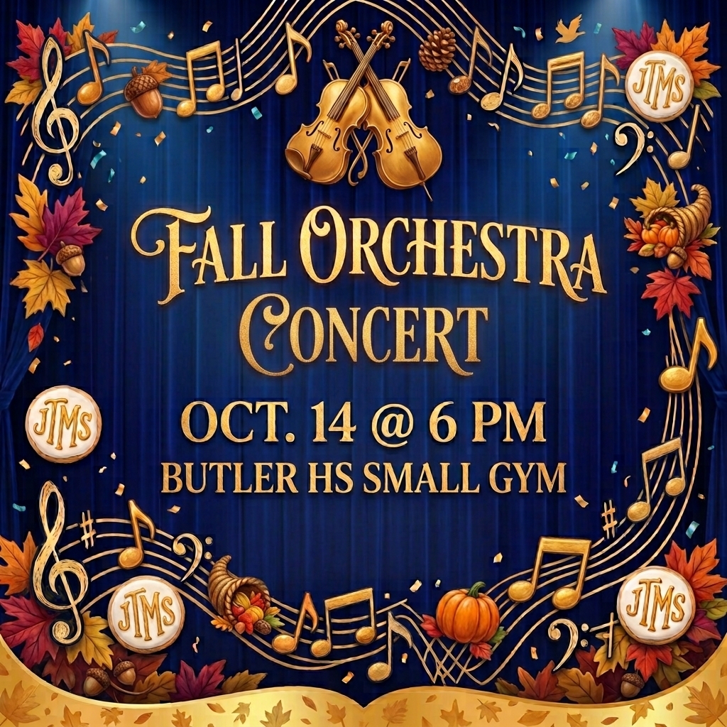 A square image featuring a dark blue stage curtain background framed by autumn leaves, pinecones, acorns, and gold musical staves. At the top center, two gold violins are crossed beneath an arched musical staff. Below the violins, the text reads "FALL ORCHESTRA CONCERT" in prominent gold lettering, followed by "OCT. 14 @ 6 PM" and "BUTLER HS SMALL GYM" in crisp gold font. The decorative border includes autumn foliage, small pumpkins, cornucopias, musical notes, and circular cookies with the gold monogram "JTMS". Gold confetti and subtle lighting give the graphics a rich, festive fall aesthetic.