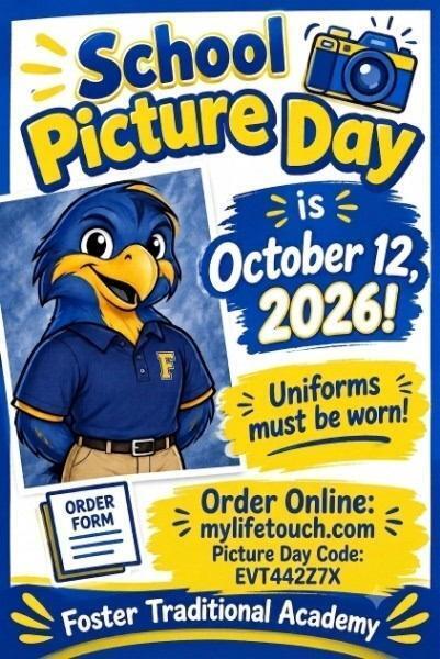 Picture day is on Monday, October 12, 2026. We will take class pictures on that day so please ensure that your student is on time and in school uniform to ensure they are included in the group photo. You may pre-pay for pictures, by check or exact cash amount. No change will be available.  You may use the link below to pre-pay for individual and group pictures.

mylifetouch.com
picture ID: EVT442Z7X (individual picture)
picture day ID: EVT63XTXN (class picture) 