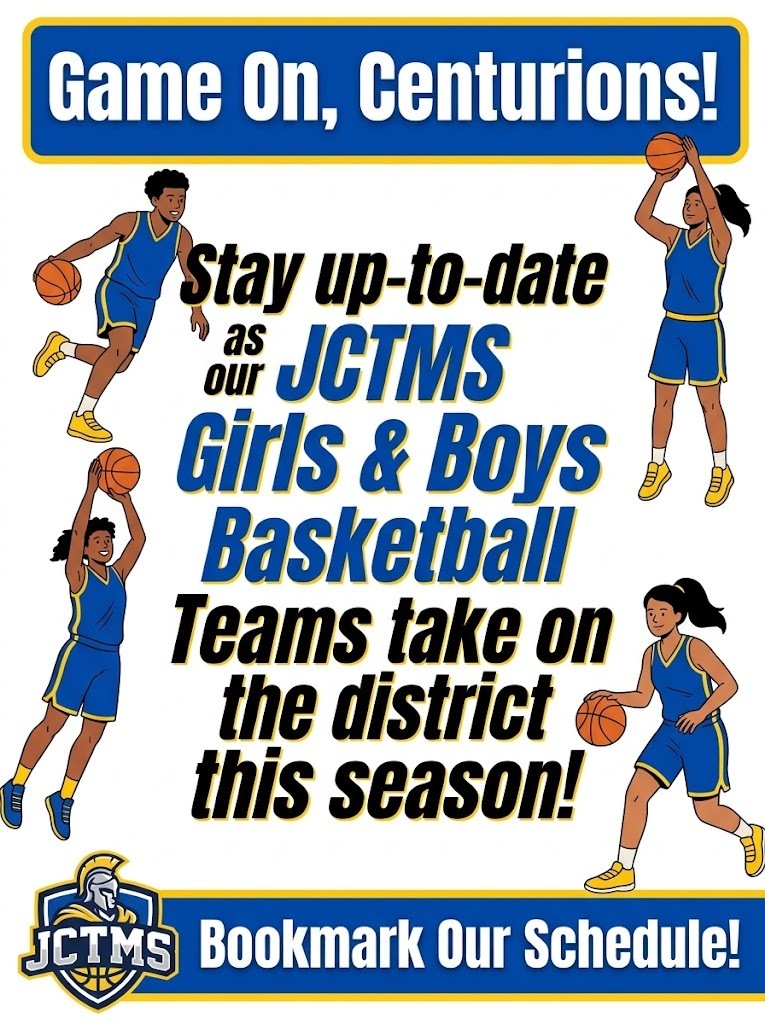 🏀 Game On, Centurions! 🏀  Don't miss a single highlight, buzzer-beater, or big win this season! Stay in the loop as our JCTMS Girls & Boys Basketball Teams take on the district and dominate the court. 💪🔥  📅 Never miss a game—bookmark our official Basketball Schedule now:  JCTMS Basketball Schedule  Let’s pack the stands and bring the energy! 💙💛