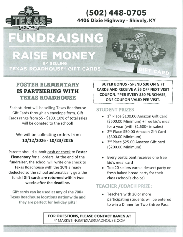 Texas Roadhouse Gift card Fundraiser ends Friday, October 23rd at 4:00pm!