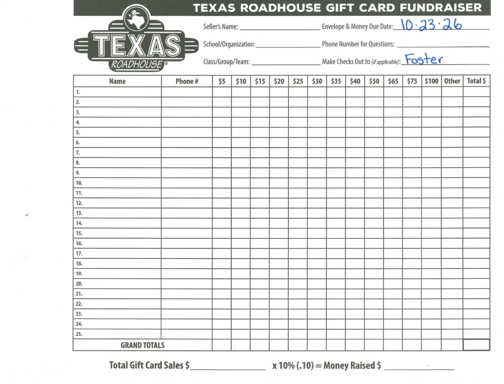 Texas Roadhouse Gift card Fundraiser ends Friday, October 23rd at 4:00pm!