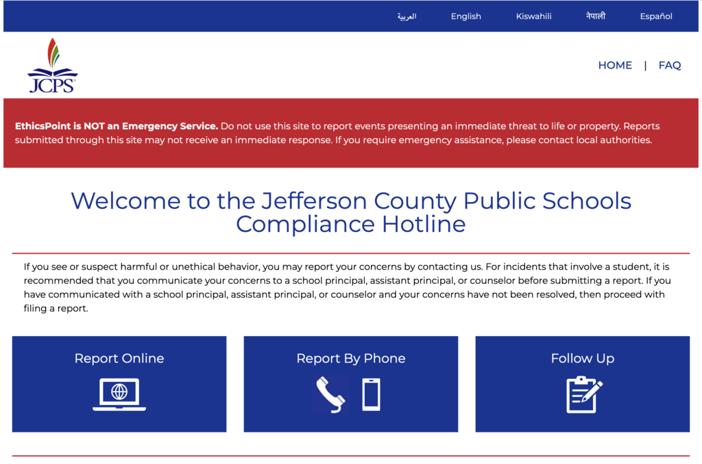 Screenshot of the JCPS Compliance Hotline webpage.