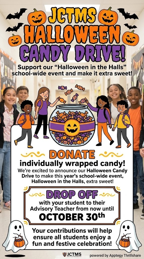 🎃 Halloween Candy Drive is Here! 🍬✨  We're excited to announce our Halloween Candy Drive to make this year's school-wide event, Halloween in the Halls, extra sweet! 🥳👻  🍫 What We Need: Donations of individually wrapped candy!  🎒 How to Donate: Send candy with your student to drop off with their Advisory Teacher.  🗓️ Deadline: Now through October 30th!  Your contributions will help ensure all students enjoy a fun, sweet, and festive celebration! Thank you for your support! 🎃🎉