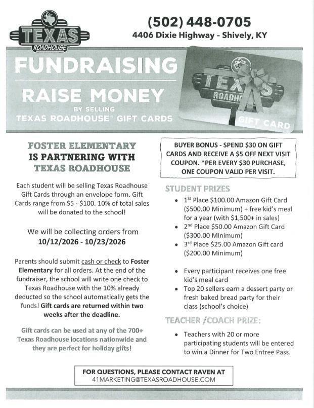 Tomorrow, Friday, October 23rd is the last day to turn in your Texas Roadhouse fundraiser money! All money is due by 4:00pm! The class competition is very close! Almost any class could win at this point! 