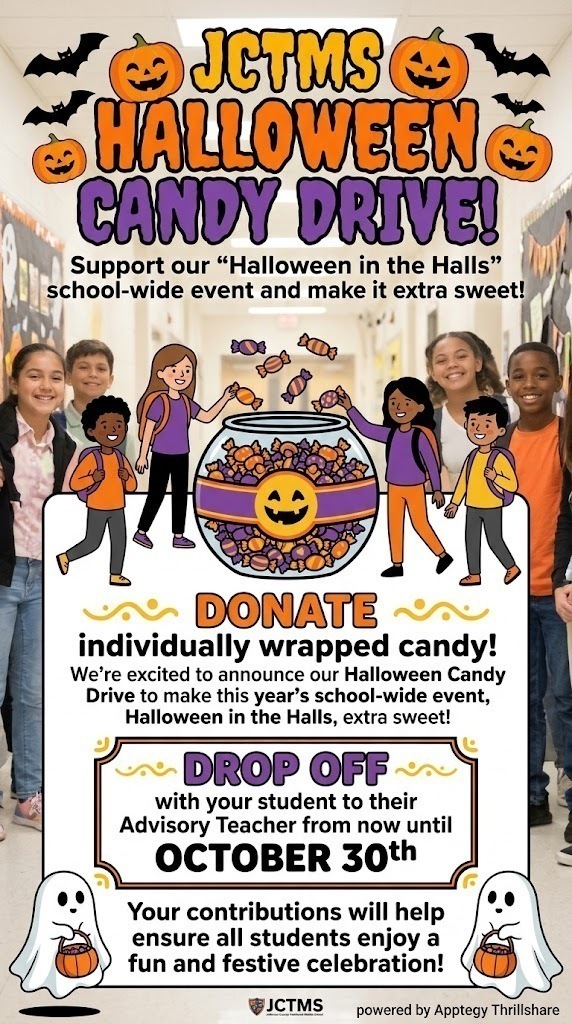 🎃 Halloween Candy Drive is Here! 🍬✨  We're excited to announce our Halloween Candy Drive to make this year's school-wide event, Halloween in the Halls, extra sweet! 🥳👻  🍫 What We Need: Donations of individually wrapped candy!  🎒 How to Donate: Send candy with your student to drop off with their Advisory Teacher.  🗓️ Deadline: Now through October 30th!  Your contributions will help ensure all students enjoy a fun, sweet, and festive celebration! Thank you for your support! 🎃🎉