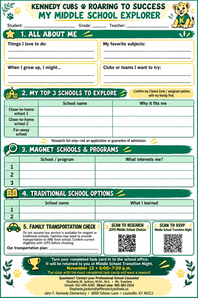 Stop by the JFK table to get your Middle School Explorer Task Card