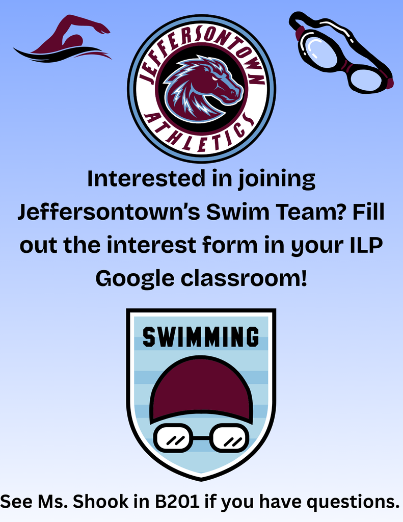 🏊♀️⚡ Make a Splash with JTown Swimming! Interested in joining the Jeffersontown High School Swim Team? We'd love to have you! Students interested in swimming should complete the interest form linked below or find it in their ILP Google Classroom. 📝 Interest Form: https://docs.google.com/forms/d/e/1FAIpQLSdMmz--fFbaN4S-g5puLO_yA9EMzC0EGvkz1Y-qzTHNqhpkmg/viewform?usp=header Have questions? See Ms. Shook in B201! Let's make some waves, Chargers! 🩵⚡