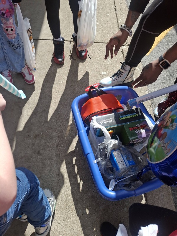 A basket full of items for a student.