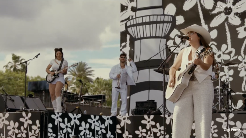 Nick Anthony plays the trumpet onstage at Coachella.