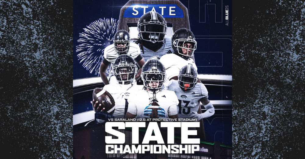 Image is a graphic with football players and text over an image of a State Championship trophy. The text below the images of football players says "VS Saraland (12.5 at Protective Stadium) State Championship"