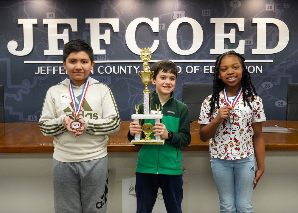 Picture of Jefferson County Schools Spelling Bee Winners. 🥇Gavin Cruse, 4th Grade, Mount Olive Elementary School 🥈Kelsey Causey, 4th Grade, Pleasant Grove Elementary School 🥉Alexander Castillo, 4th Grade, Lipscomb Elementary School
