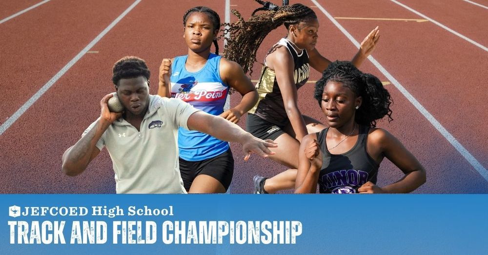 Image is a graphic that says "JEFCOED High School Track and Field Championship" over an image of a track and images of JEFCOED students competing in track