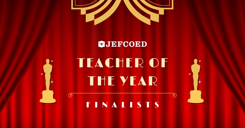 An informational graphic celebrating Teacher of the Year finalists in the Jefferson County School District. The graphic is Oscars themed.