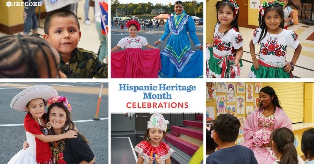 Image is a college of photos from JEFCOED Hispanic Heritage Month Celebrations. In the middle of the college, text reads "Hispanic Heritage Month Celebrations"