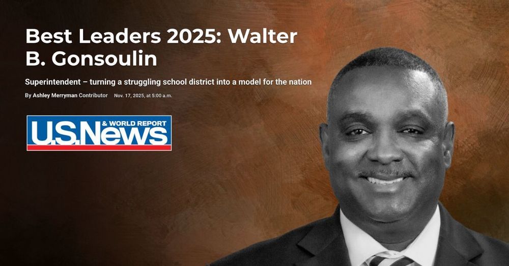Image is a graphic with text on the left and a headshot of JEFCOED Superintendent Dr. Walter Gonsoulin on the right. The text reads "Best Leaders 2025: Walter B. Gonsoulin Superintendent - turning a struggling school district into a model for the nation By Ashley Merryman Contributor Nov. 17, 2025, at 5:00 a.m." Below the text is the U.S. News & World Report Logo