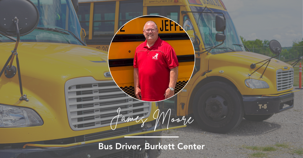Graphic shows photo of James Moore over photo of bus in the background. Below Moore's photo is text that reads "Bus Driver, Burkett Center"