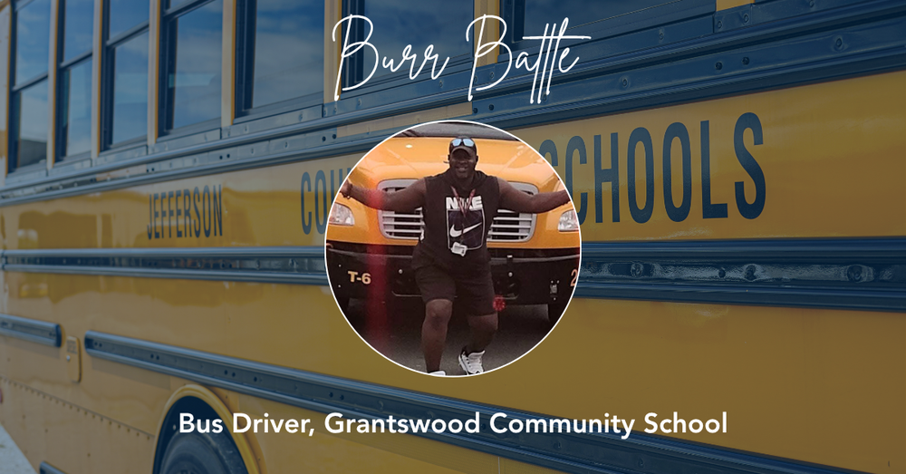 Graphic shows photo of man posing in front of a school bus, with an enlarged image of a school bus in the background. Text on the graphic says "Burr Battle Bus Driver, Grantswood Community School"