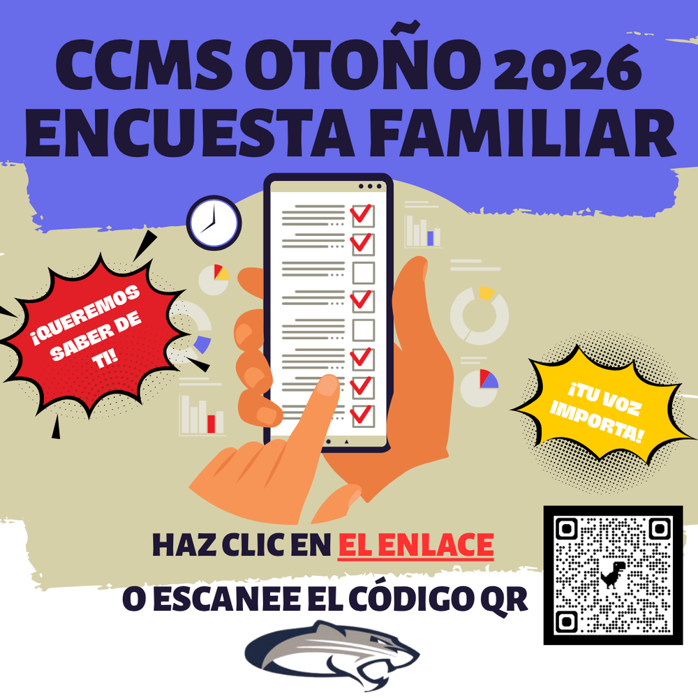 Graphic written in spanish to ask parents to use link or qrs code to complete survey.