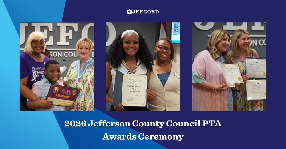 Graphic has text that says "2026 Jefferson County Council PTA Awards Ceremony" and photos from the event. In the photos, winners stand together and smile while holding various awards.