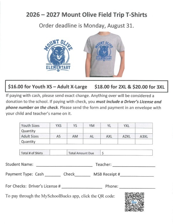 Field trip shirts deadline Monday, August 31st