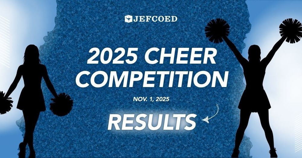 Image is a graphic with text in the center, framed by two silhouettes of cheerleaders on each side. The text and images are over a blue and white background. The text in the center says "JEFCOED 2025 Cheer Competition Nov. 1, 2025 Results"