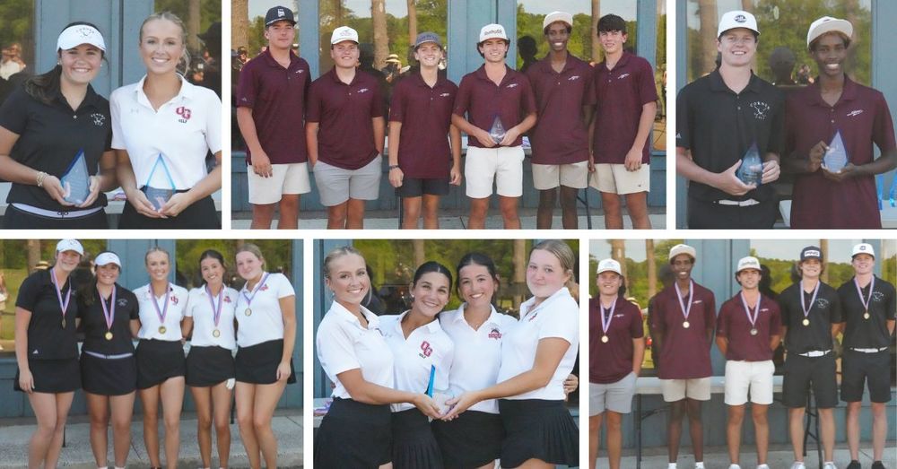 Collage shows images of each of the individual and team winners of the JEFCOED Golf Tournament, along with the golfers who were selected for all county. In each photo, the students wear their golf uniforms and pose outside a blue building with windows.